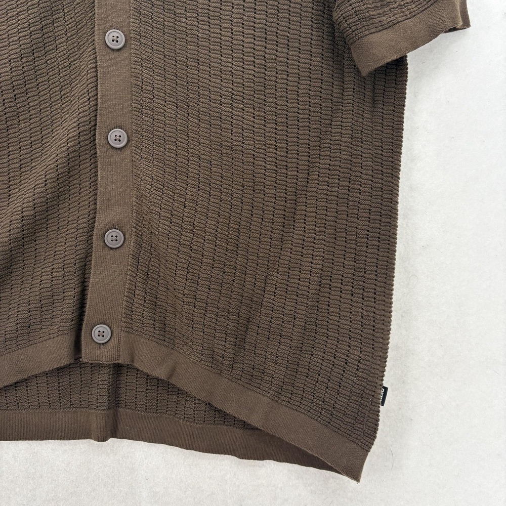 DKNY Crochet Cotton Knit Polo Sweater Mens L Brown Button Front Short Sleeve NWT - Picture 3 of 13